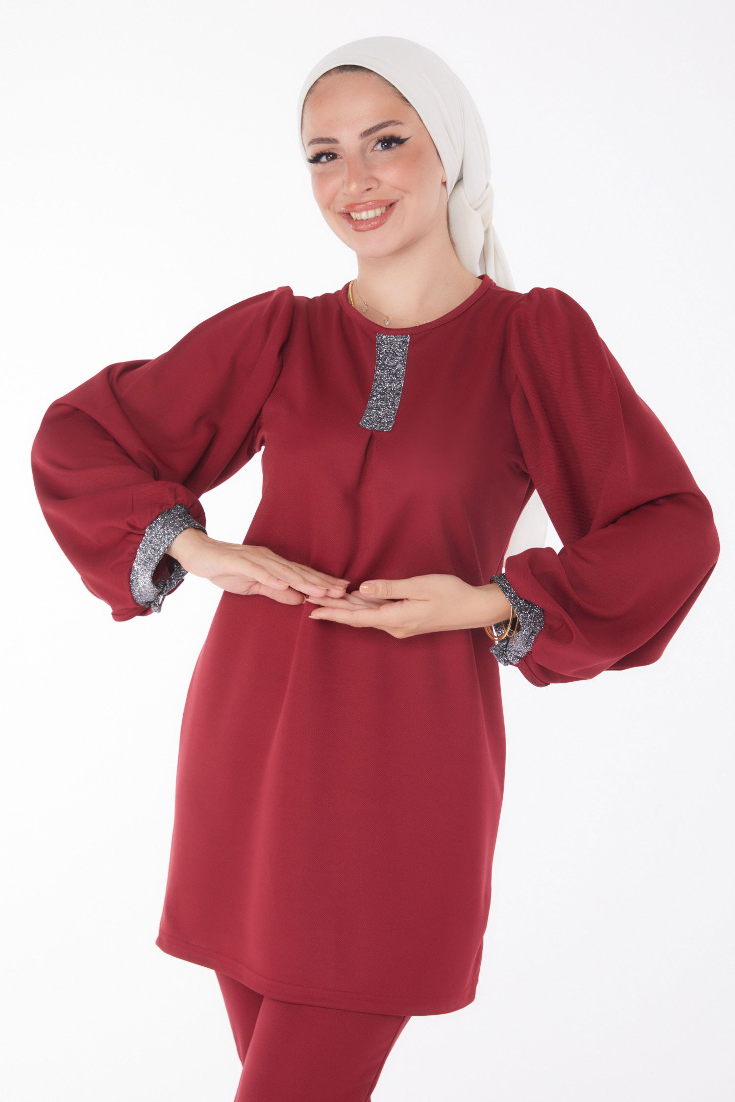 Düz Bisiklet Yaka Kadın Bordo Sim Detaylı İkili Takım - 13205 - 2