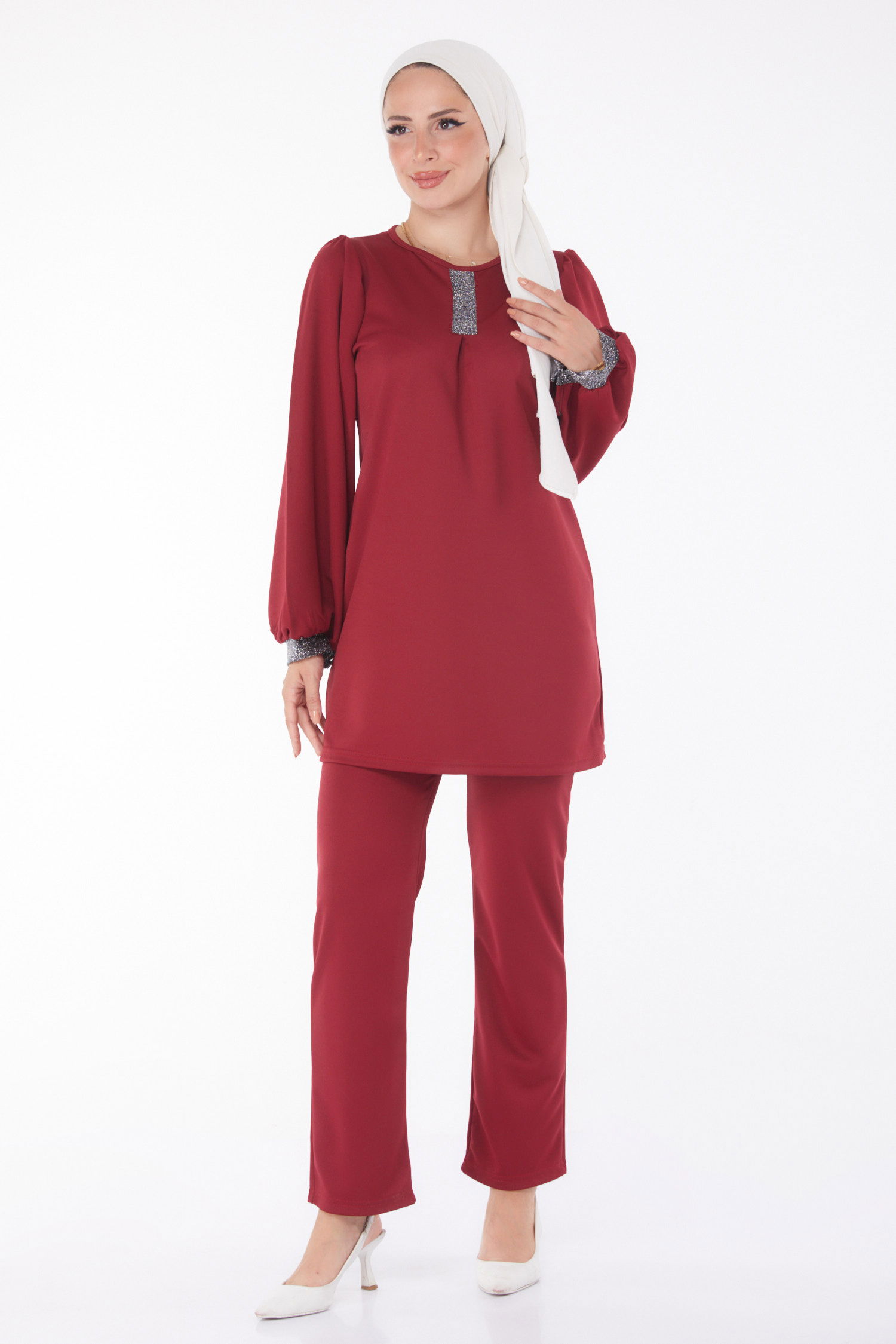 Düz Bisiklet Yaka Kadın Bordo Sim Detaylı İkili Takım - 13205 - 3