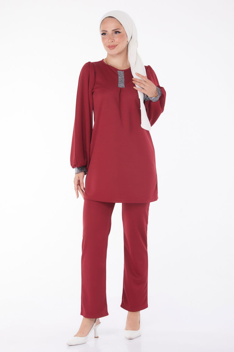 Düz Bisiklet Yaka Kadın Bordo Sim Detaylı İkili Takım - 13205 - TOFİSA