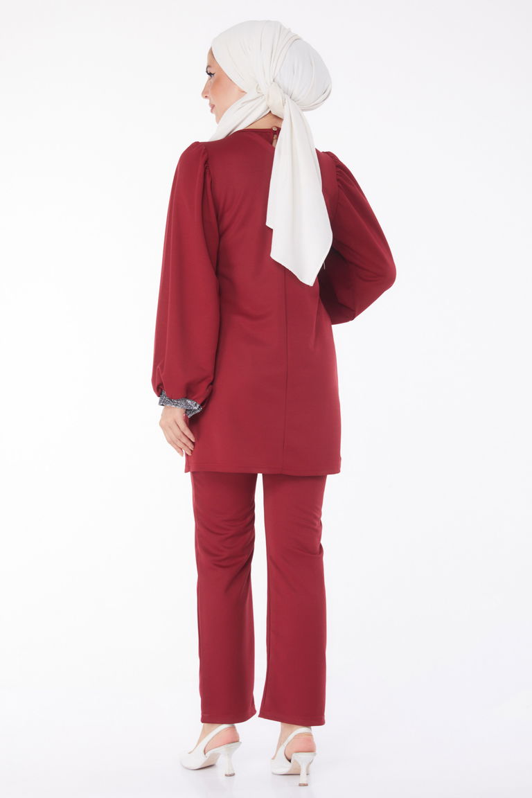 Düz Bisiklet Yaka Kadın Bordo Sim Detaylı İkili Takım - 13205 - TOFİSA