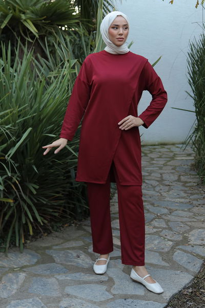Düz Bisiklet Yaka Kadın Bordo Spor Tunik Pantolon İkili Takım - 13154 