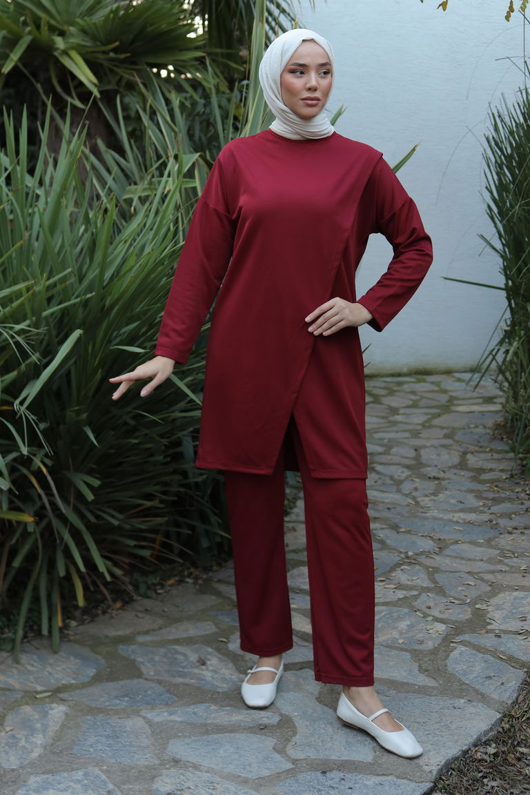Düz Bisiklet Yaka Kadın Bordo Spor Tunik Pantolon İkili Takım - 13154 - TOFİSA