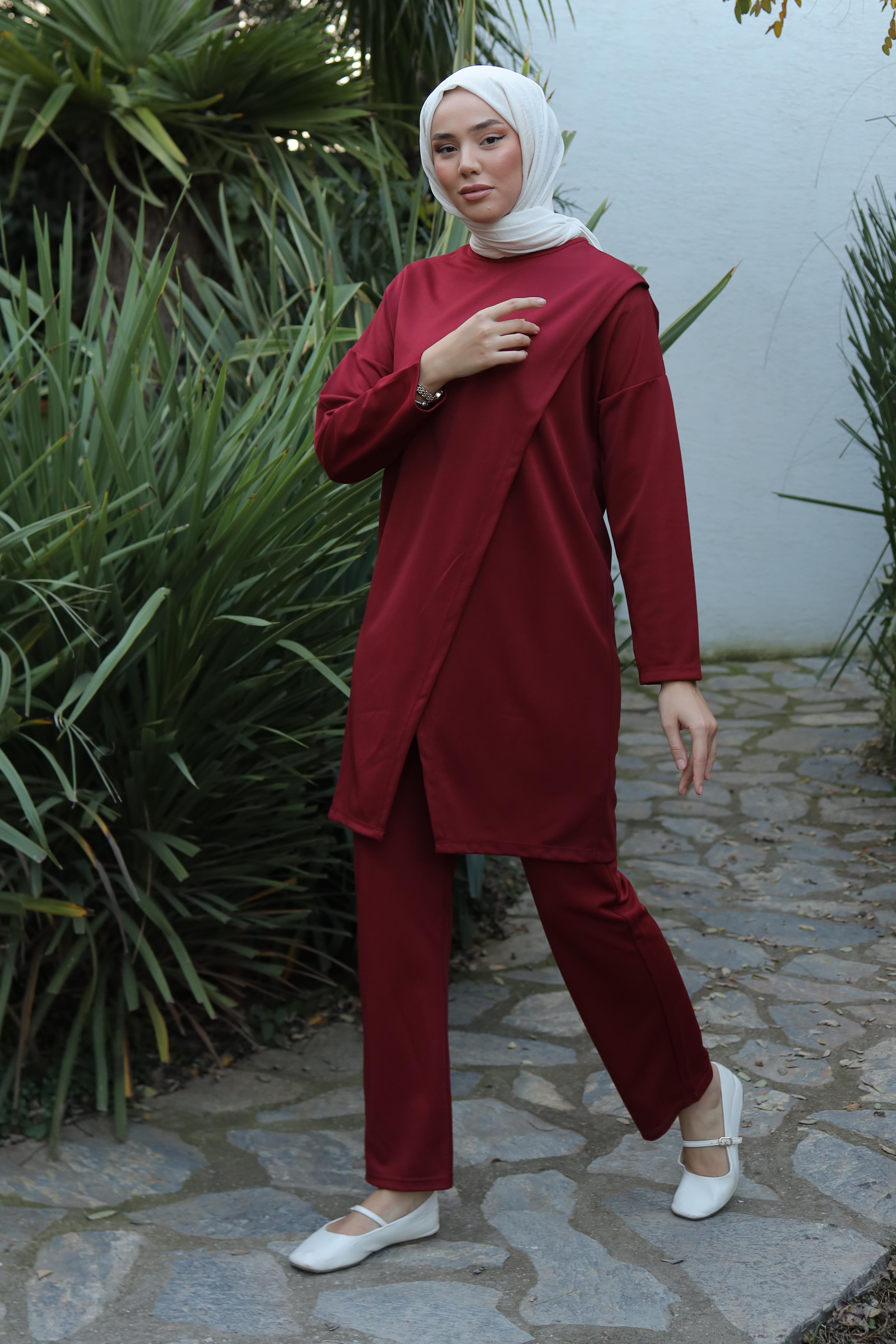 Düz Bisiklet Yaka Kadın Bordo Spor Tunik Pantolon İkili Takım - 13154 - 2