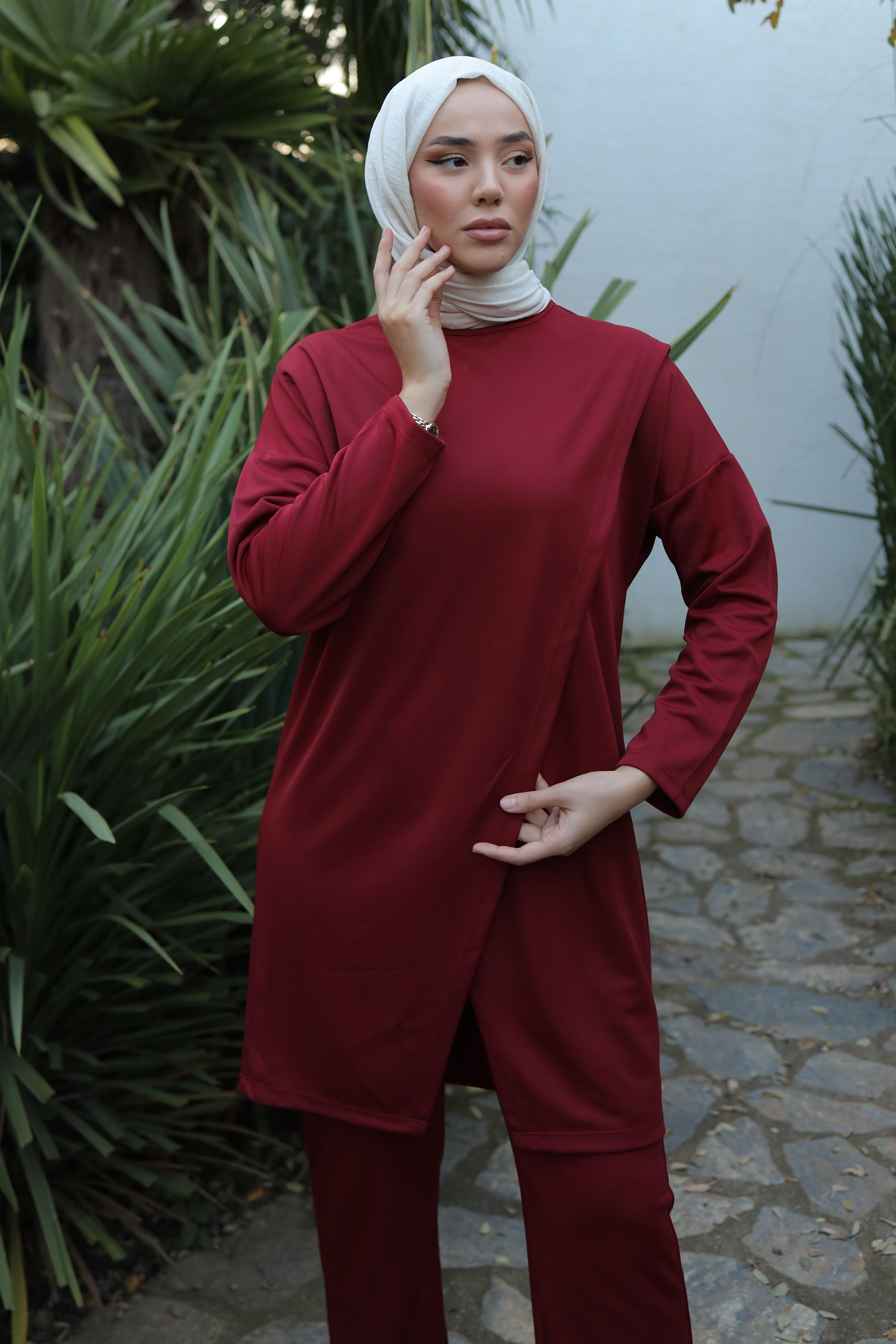 Düz Bisiklet Yaka Kadın Bordo Spor Tunik Pantolon İkili Takım - 13154 - 3