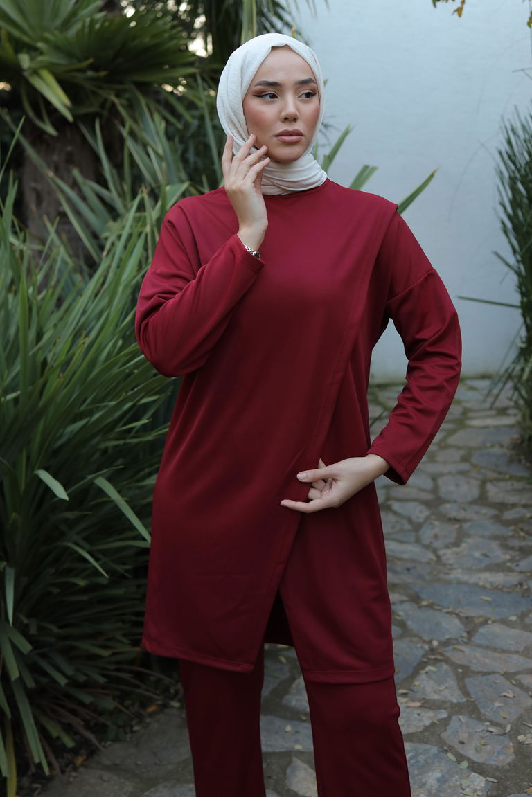 Düz Bisiklet Yaka Kadın Bordo Spor Tunik Pantolon İkili Takım - 13154 - TOFİSA