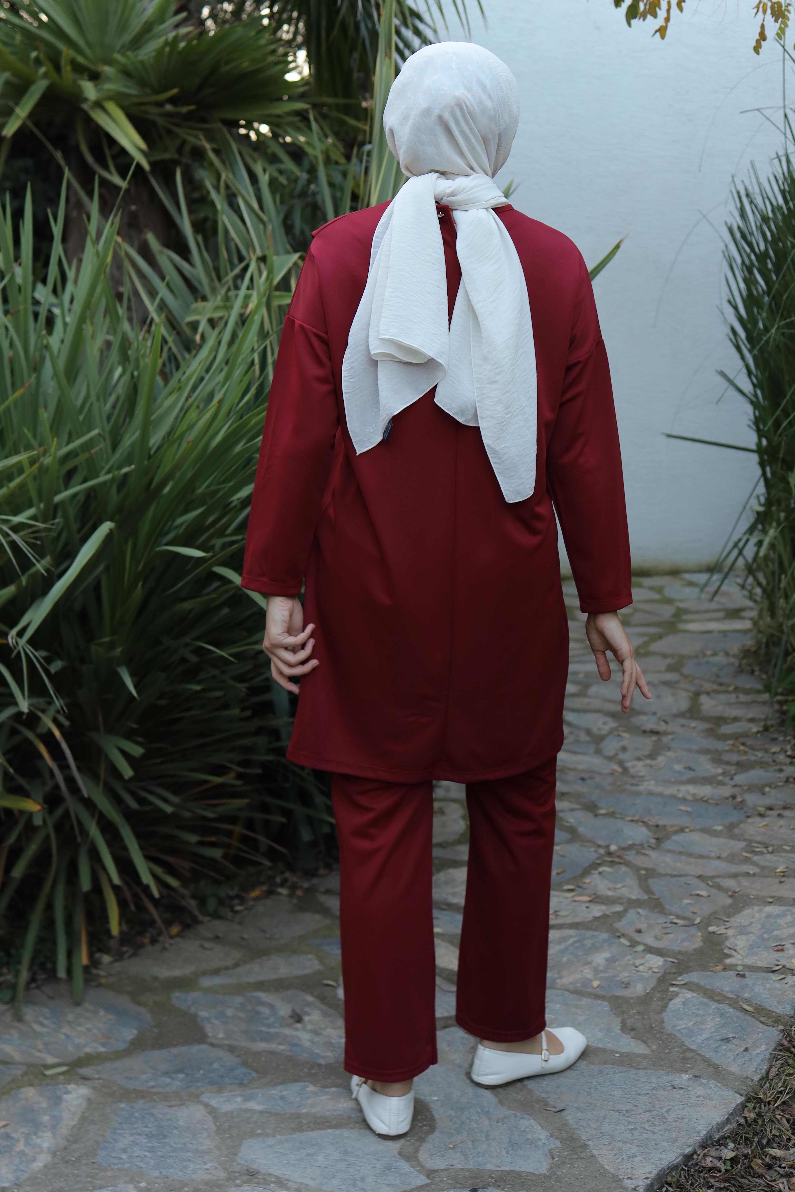 Düz Bisiklet Yaka Kadın Bordo Spor Tunik Pantolon İkili Takım - 13154 - 5
