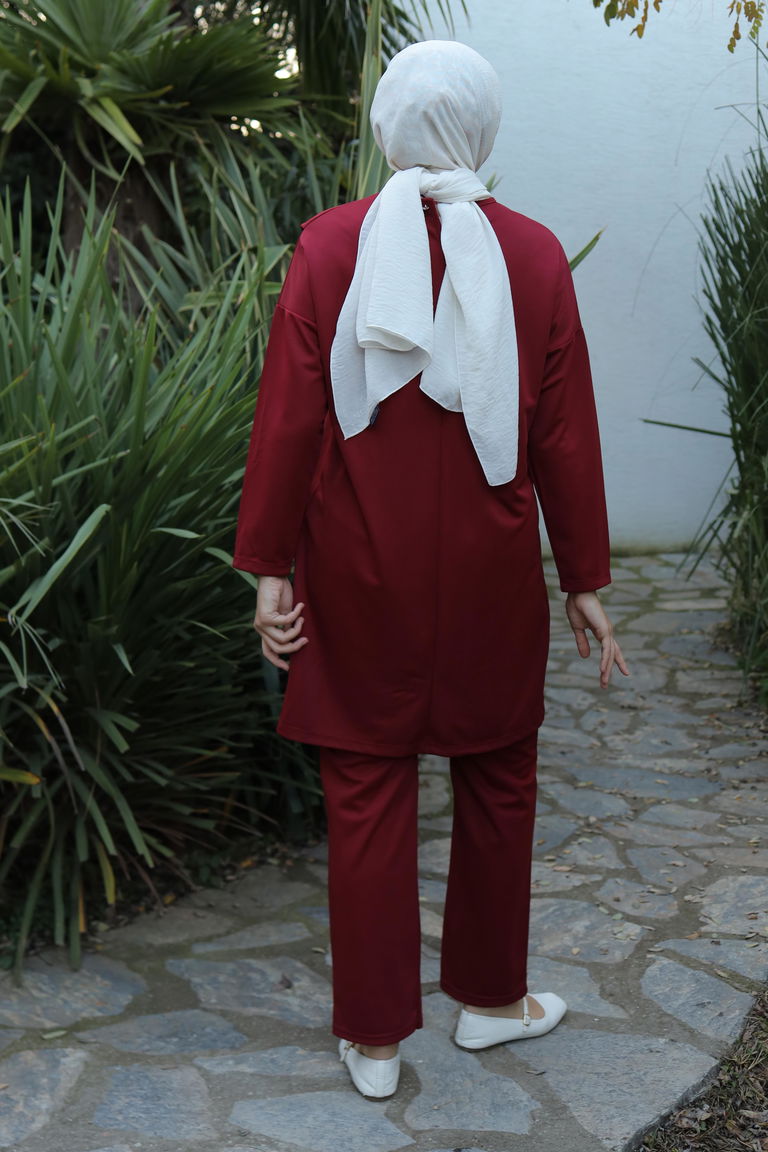 Düz Bisiklet Yaka Kadın Bordo Spor Tunik Pantolon İkili Takım - 13154 - TOFİSA