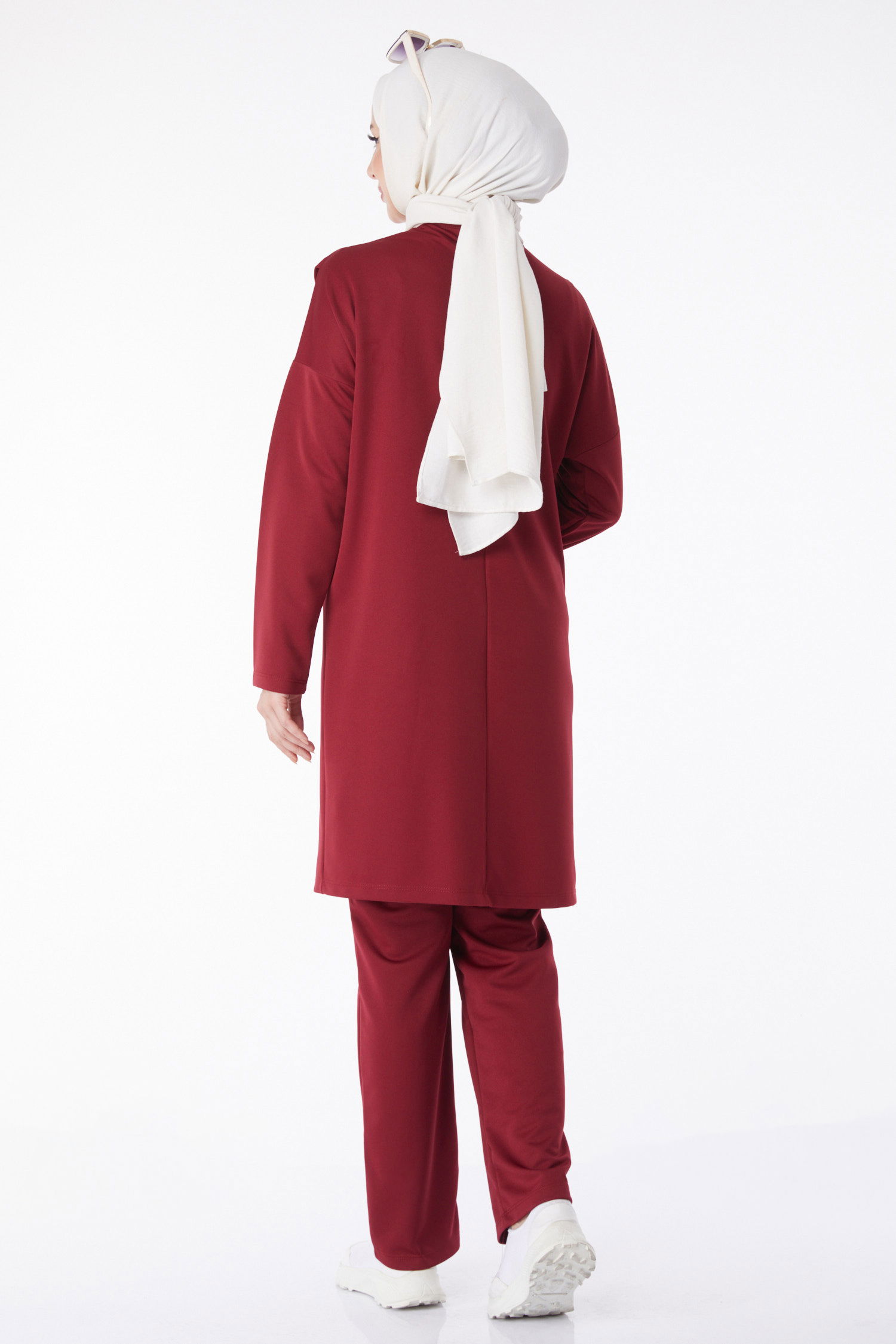 Düz Bisiklet Yaka Kadın Bordo Spor Tunik Pantolon İkili Takım - 13154 - 6