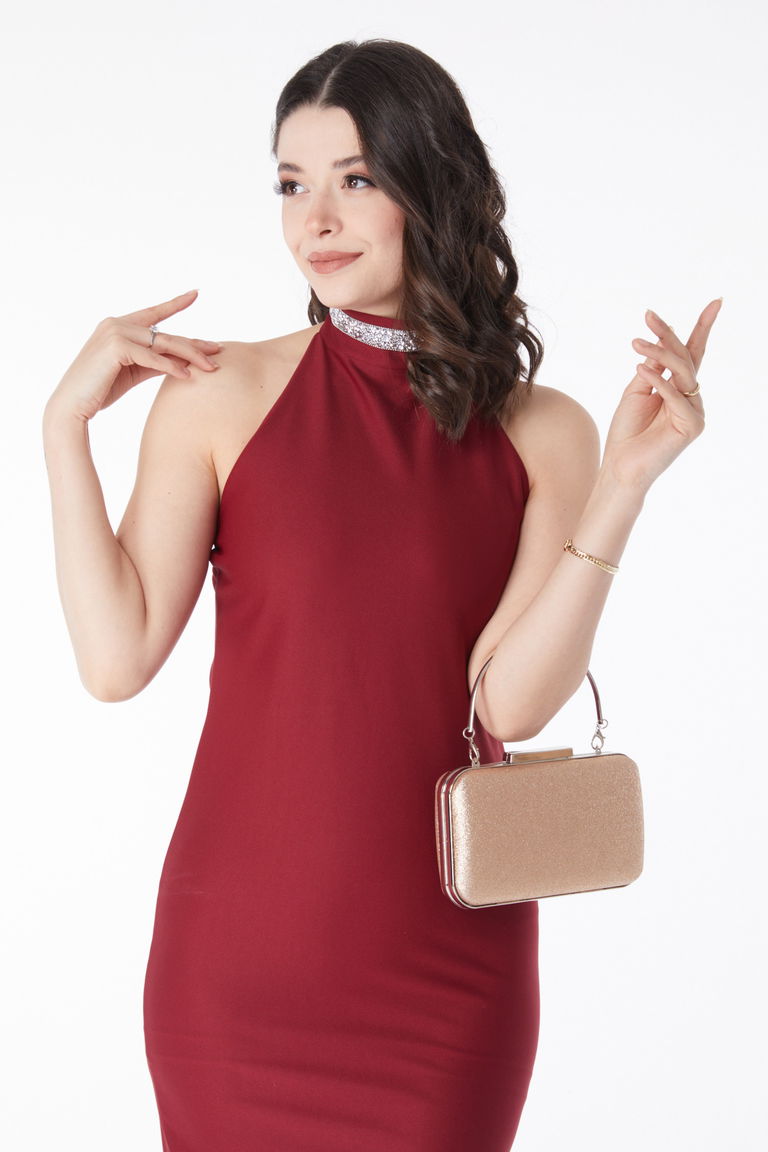 Düz Bisiklet Yaka Kadın Bordo Taş Detaylı Abiye Elbise - 13173 - TOFİSA