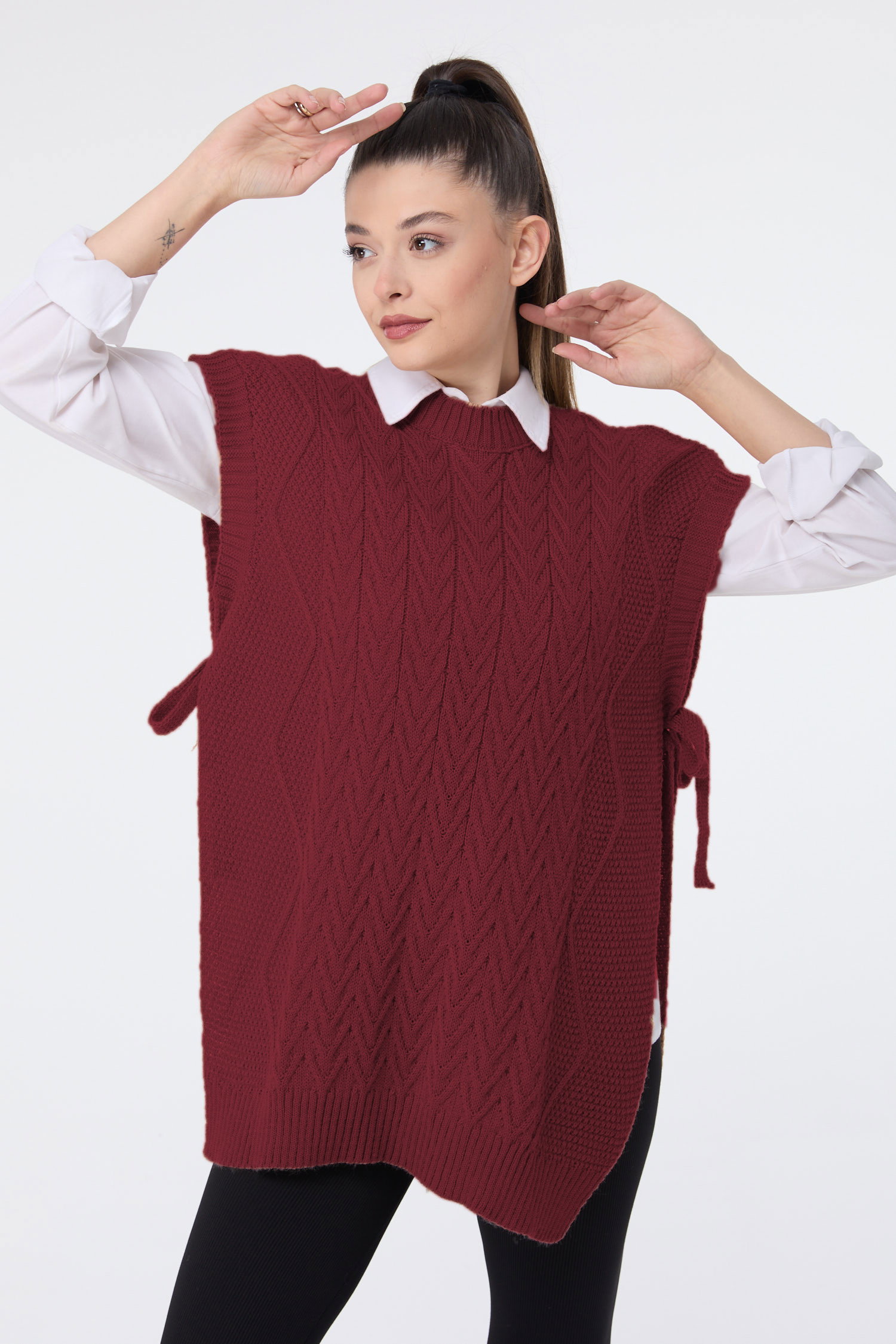 Düz Bisiklet Yaka Kadın Bordo Triko Süveter - 24144 - 1