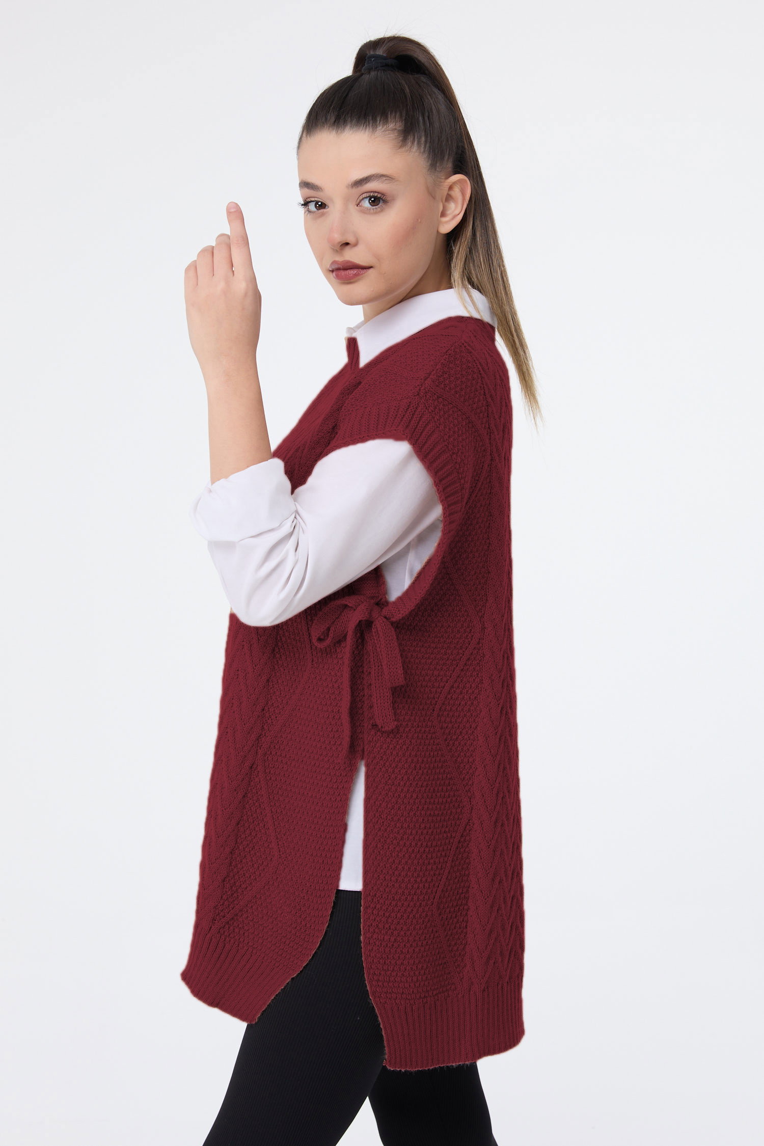 Düz Bisiklet Yaka Kadın Bordo Triko Süveter - 24144 - 2