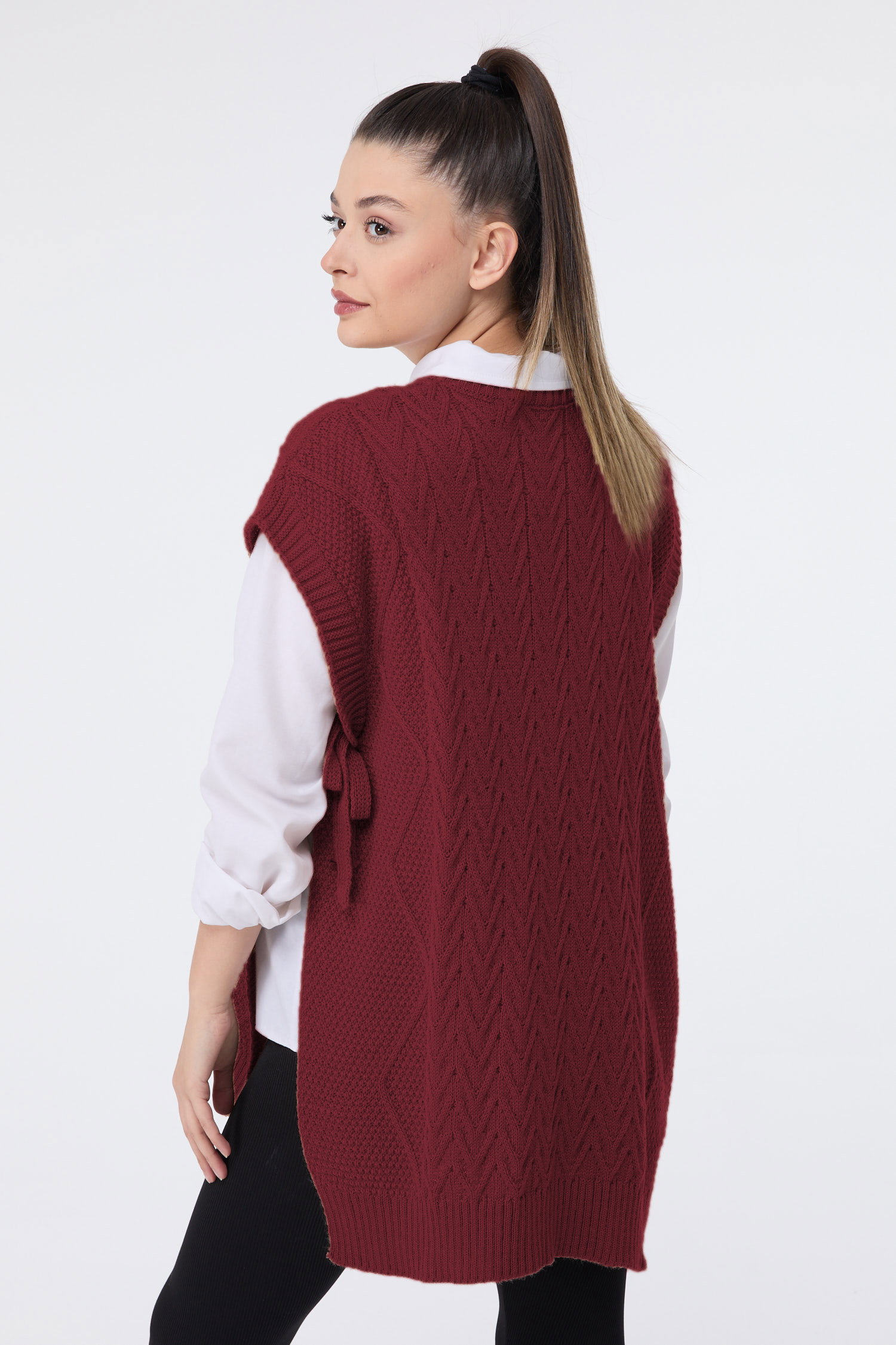 Düz Bisiklet Yaka Kadın Bordo Triko Süveter - 24144 - 3