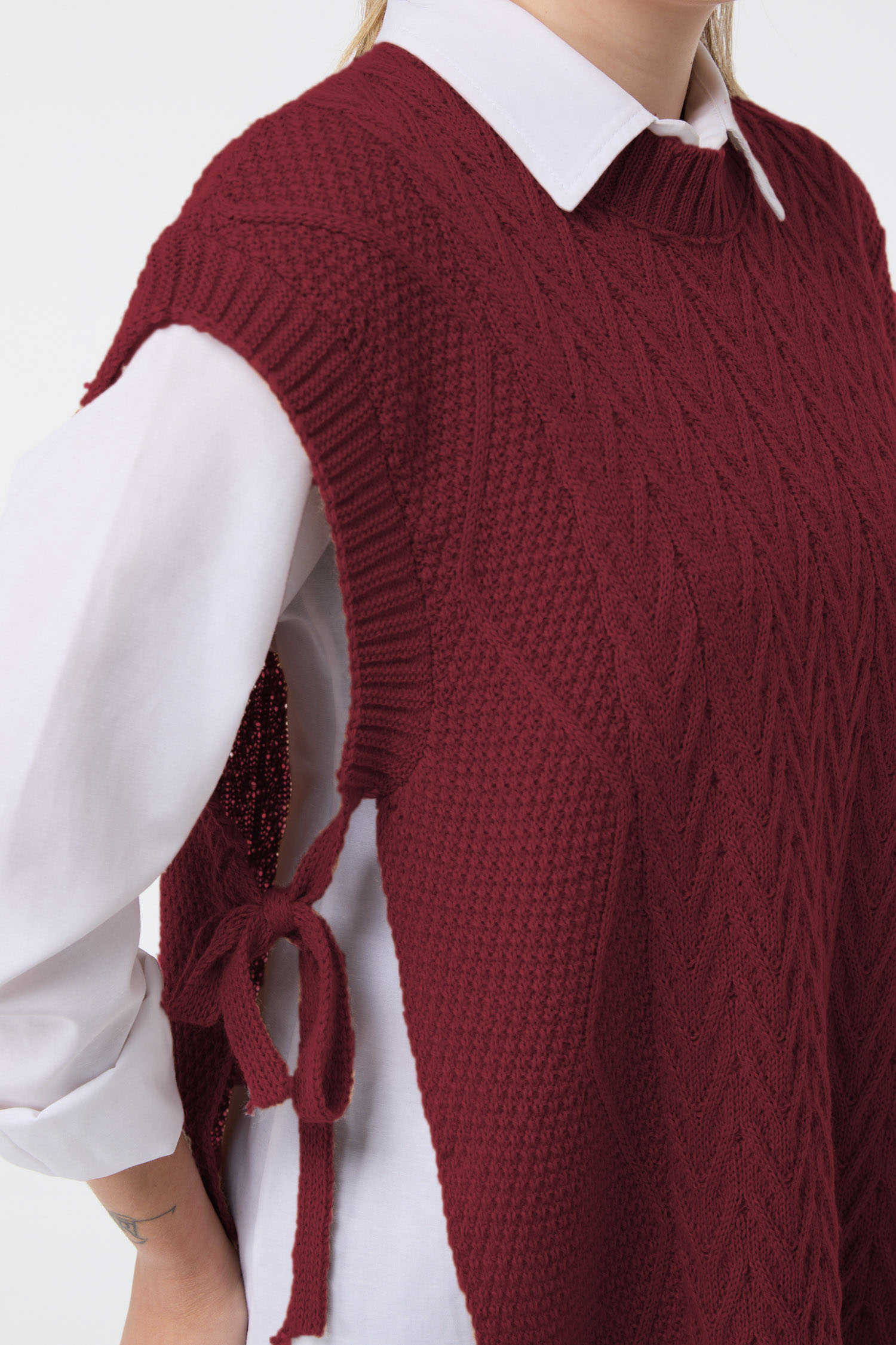 Düz Bisiklet Yaka Kadın Bordo Triko Süveter - 24144 - 4