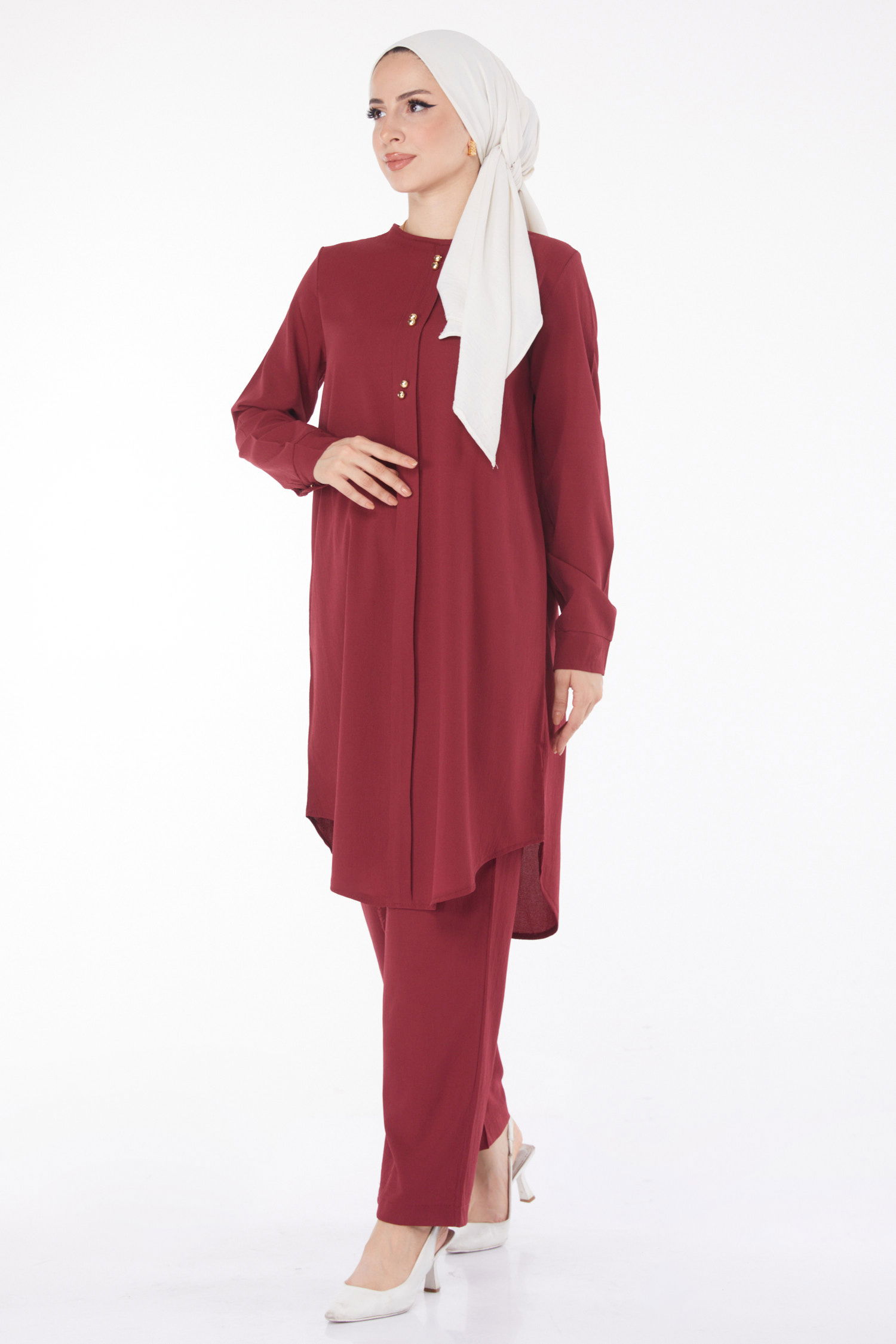 Düz Bisiklet Yaka Kadın Bordo Tunik Pantolon - 13122 - 1