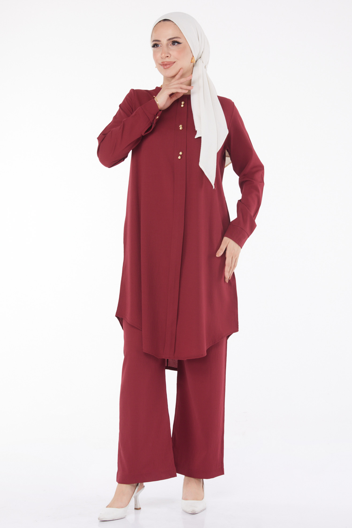 Düz Bisiklet Yaka Kadın Bordo Tunik Pantolon - 13122 - 3