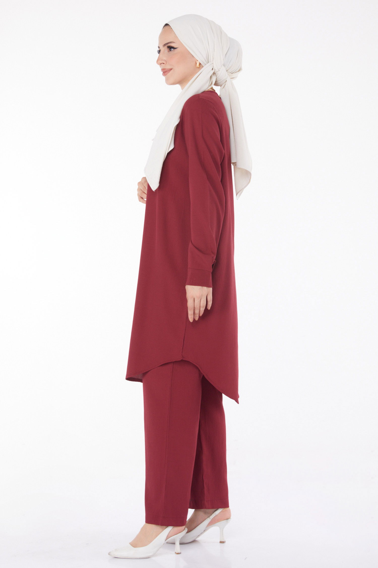 Düz Bisiklet Yaka Kadın Bordo Tunik Pantolon - 13122 - 4