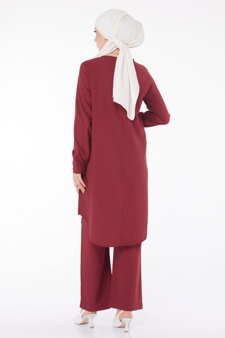 Düz Bisiklet Yaka Kadın Bordo Tunik Pantolon - 13122 - TOFİSA