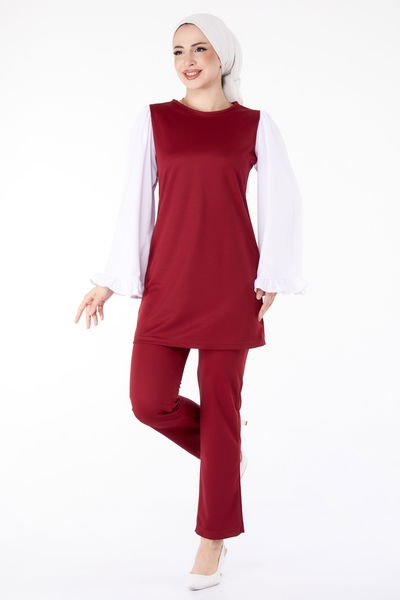 Düz Bisiklet Yaka Kadın Bordo Tunik Pantolon İkili Takım - 13198 