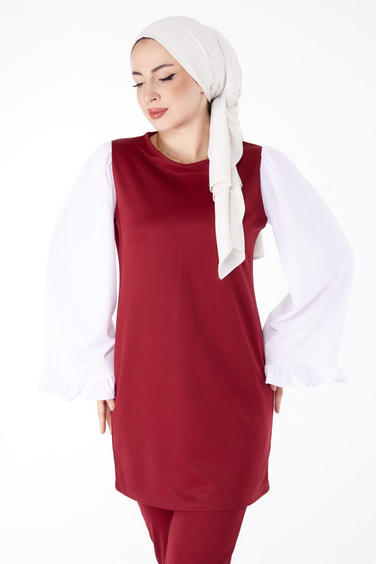 Düz Bisiklet Yaka Kadın Bordo Tunik Pantolon İkili Takım - 13198 - TOFİSA