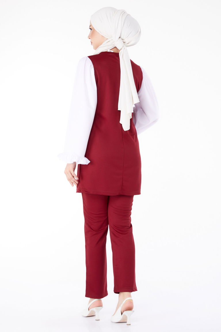 Düz Bisiklet Yaka Kadın Bordo Tunik Pantolon İkili Takım - 13198 - TOFİSA