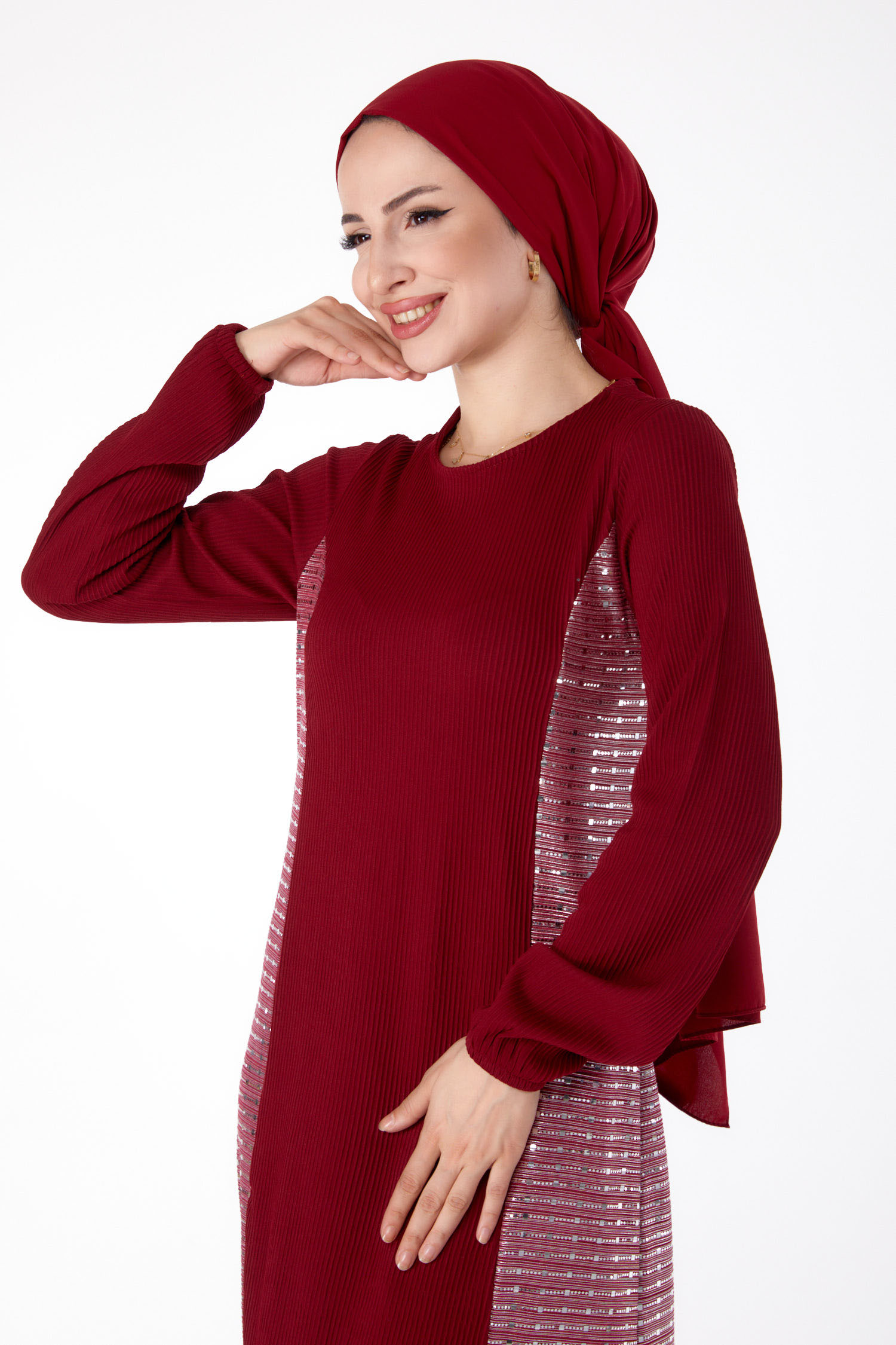 Düz Bisiklet Yaka Kadın Bordo Yanı Simli Fitilli Elbise - 25628 - 2