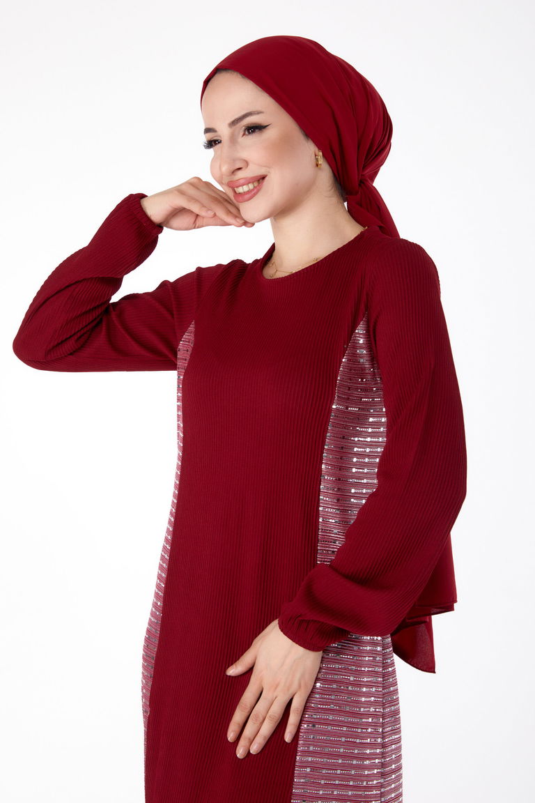 Düz Bisiklet Yaka Kadın Bordo Yanı Simli Fitilli Elbise - 25628 - TOFİSA