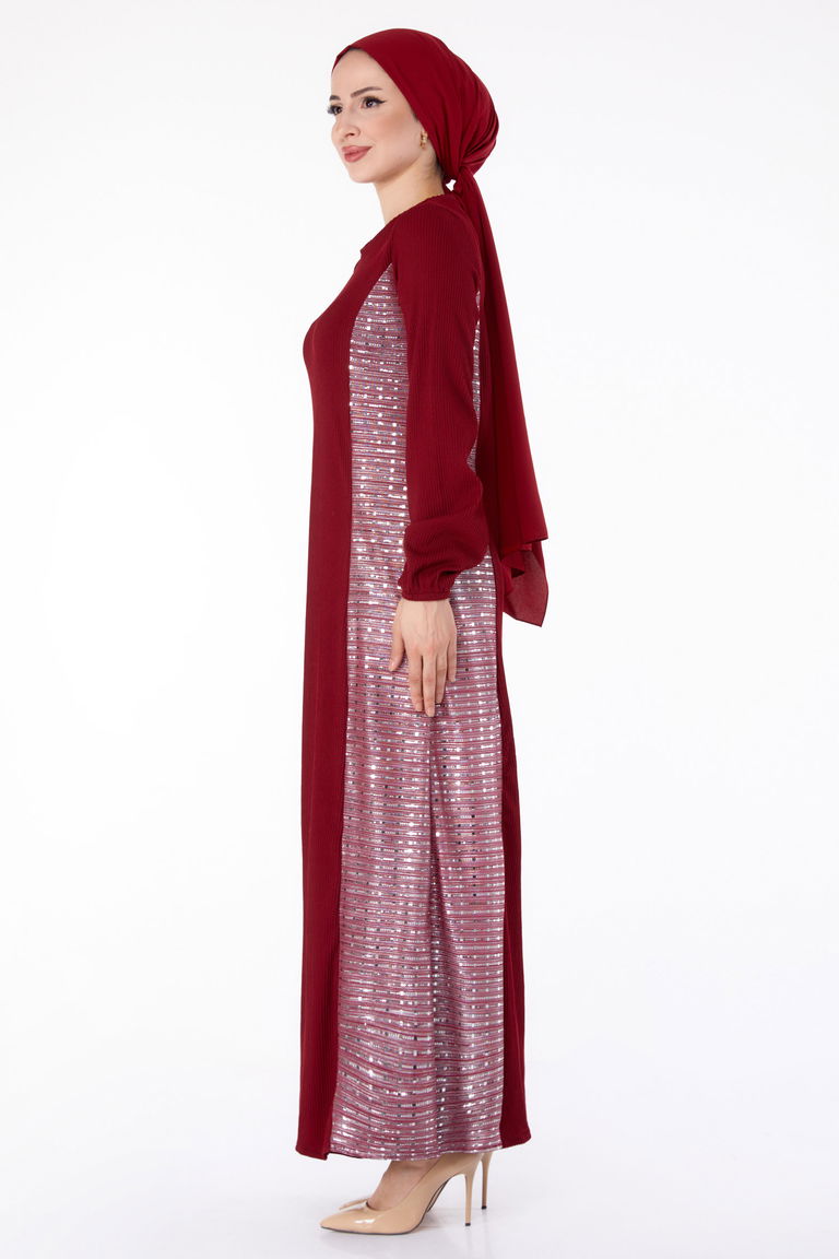 Düz Bisiklet Yaka Kadın Bordo Yanı Simli Fitilli Elbise - 25628 - TOFİSA