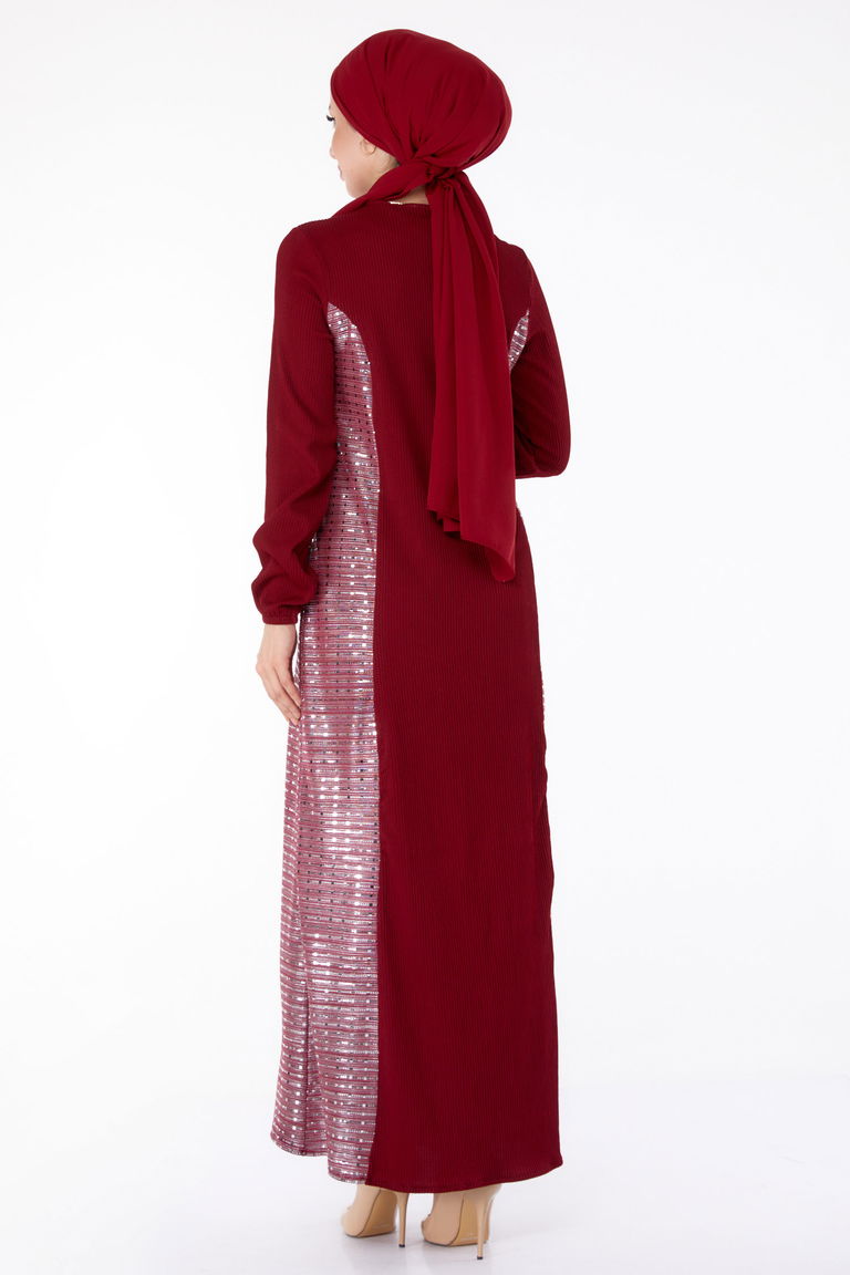 Düz Bisiklet Yaka Kadın Bordo Yanı Simli Fitilli Elbise - 25628 - TOFİSA