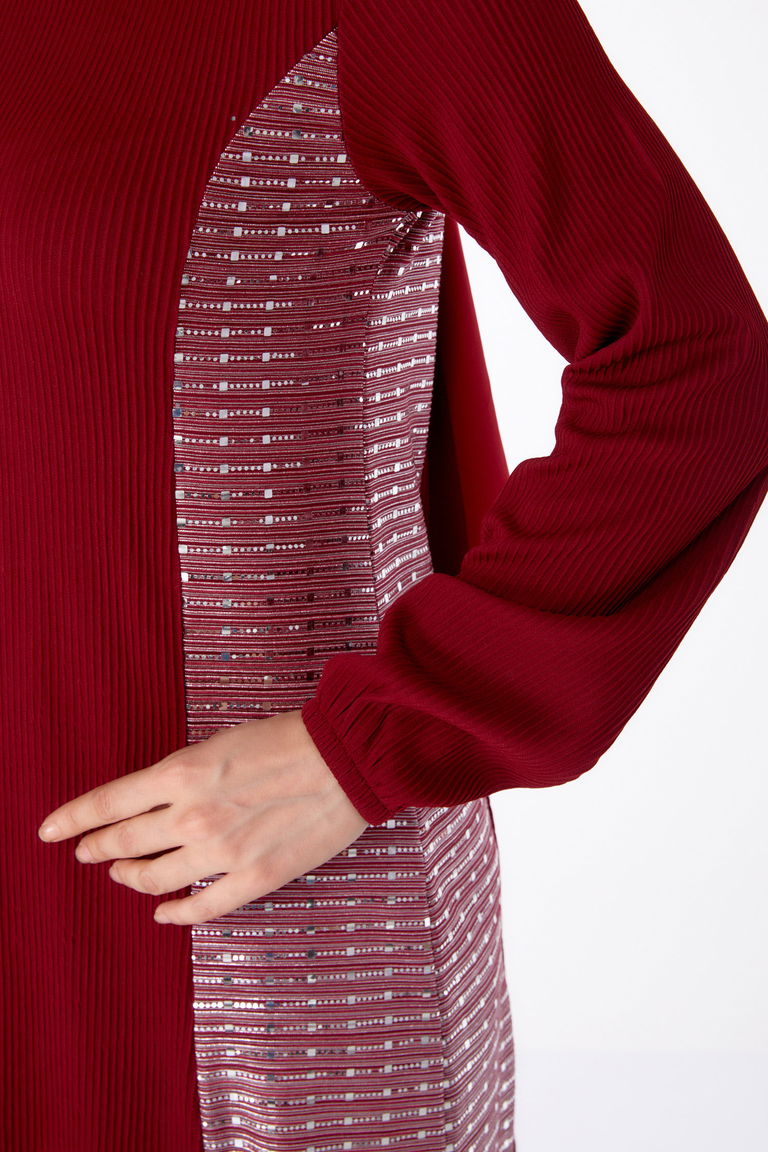 Düz Bisiklet Yaka Kadın Bordo Yanı Simli Fitilli Elbise - 25628 - TOFİSA