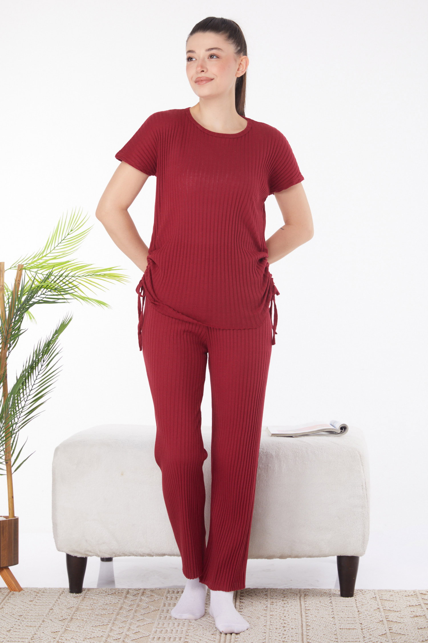 Düz Bisiklet Yaka Kadın Bordo Yanları Bağcıklı İkili Takım - 25839 - 1