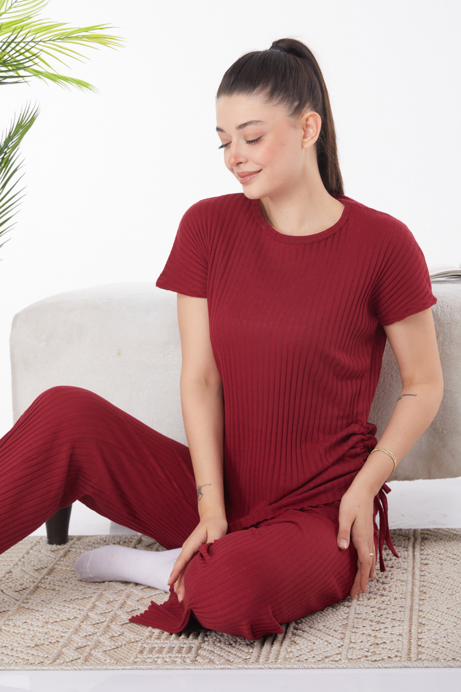 Düz Bisiklet Yaka Kadın Bordo Yanları Bağcıklı İkili Takım - 25839 - 2