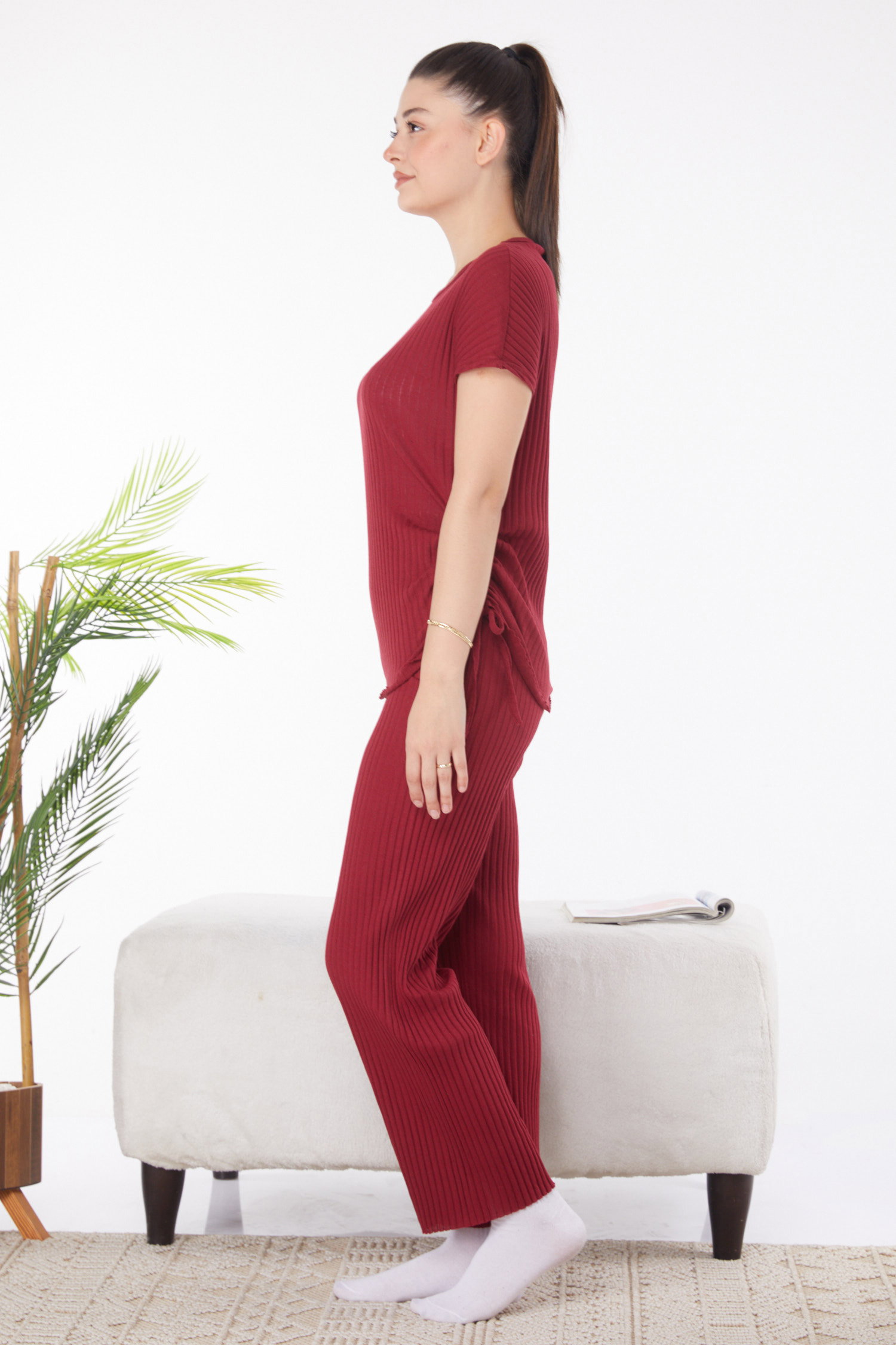 Düz Bisiklet Yaka Kadın Bordo Yanları Bağcıklı İkili Takım - 25839 - 3