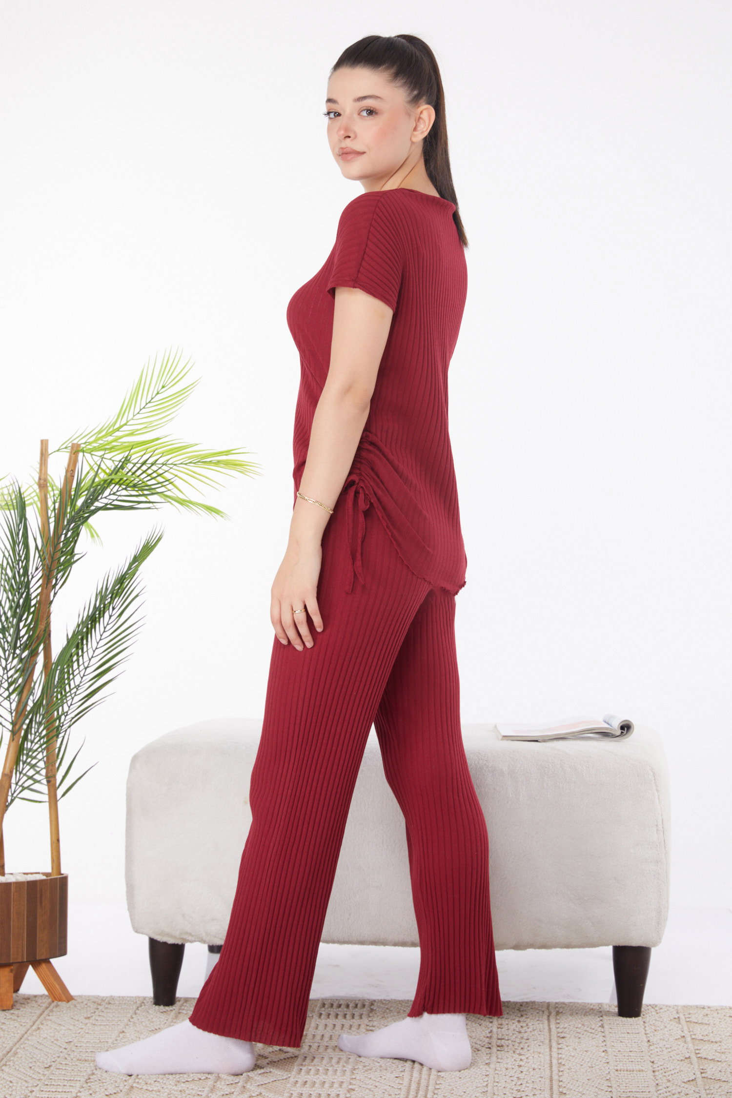 Düz Bisiklet Yaka Kadın Bordo Yanları Bağcıklı İkili Takım - 25839 - 4