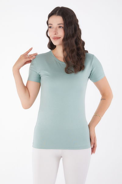Düz Bisiklet Yaka Kadın çağla Kısa Kollu Baskısız T-shirt - 24764 
