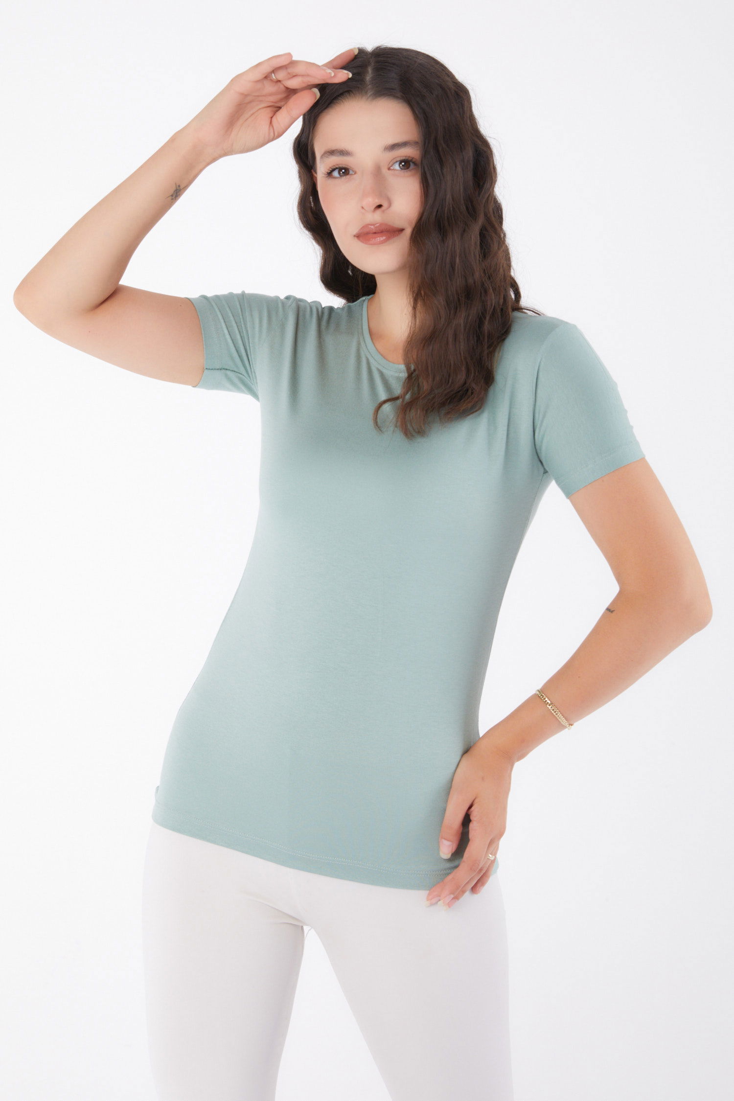 Düz Bisiklet Yaka Kadın çağla Kısa Kollu Baskısız T-shirt - 24764 - 3