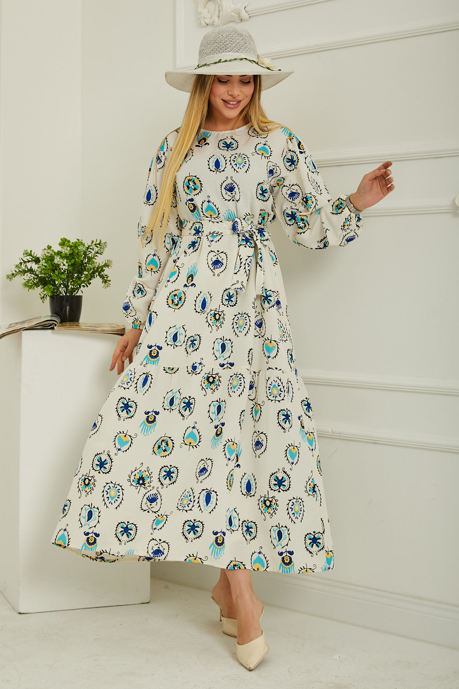 Desenli Kolu Büzgülü Elbise D1 Bej - 26619 - 1