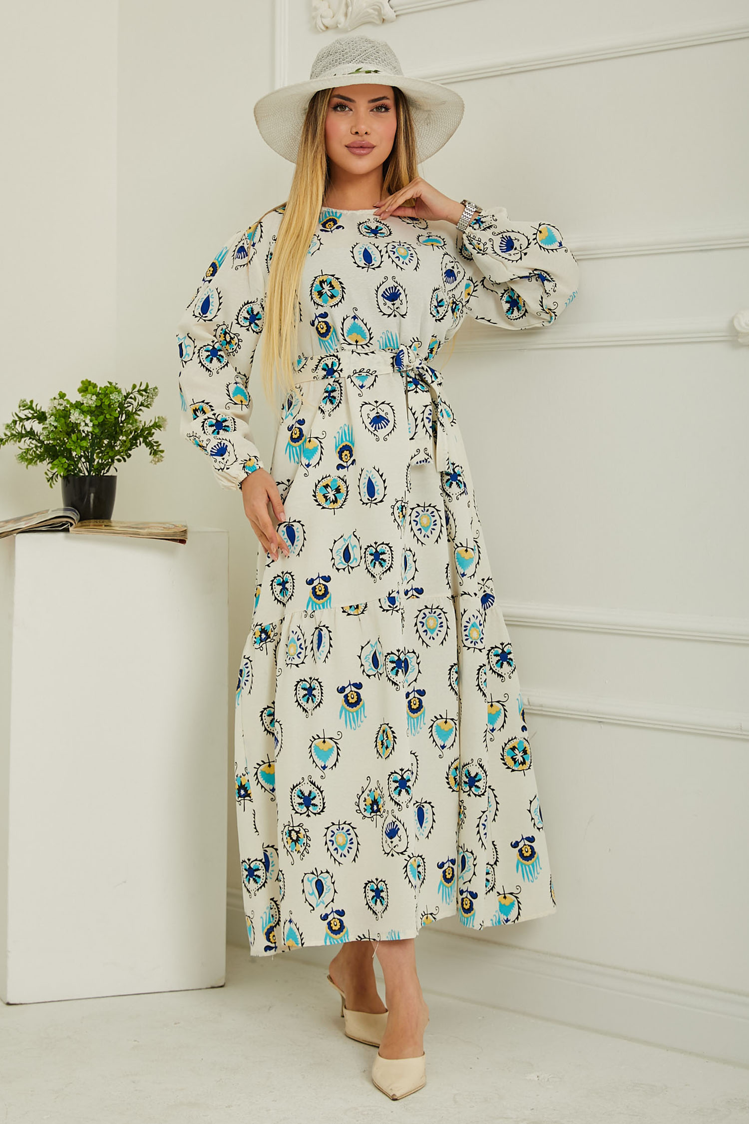 Desenli Kolu Büzgülü Elbise D1 Bej - 26619 - 2