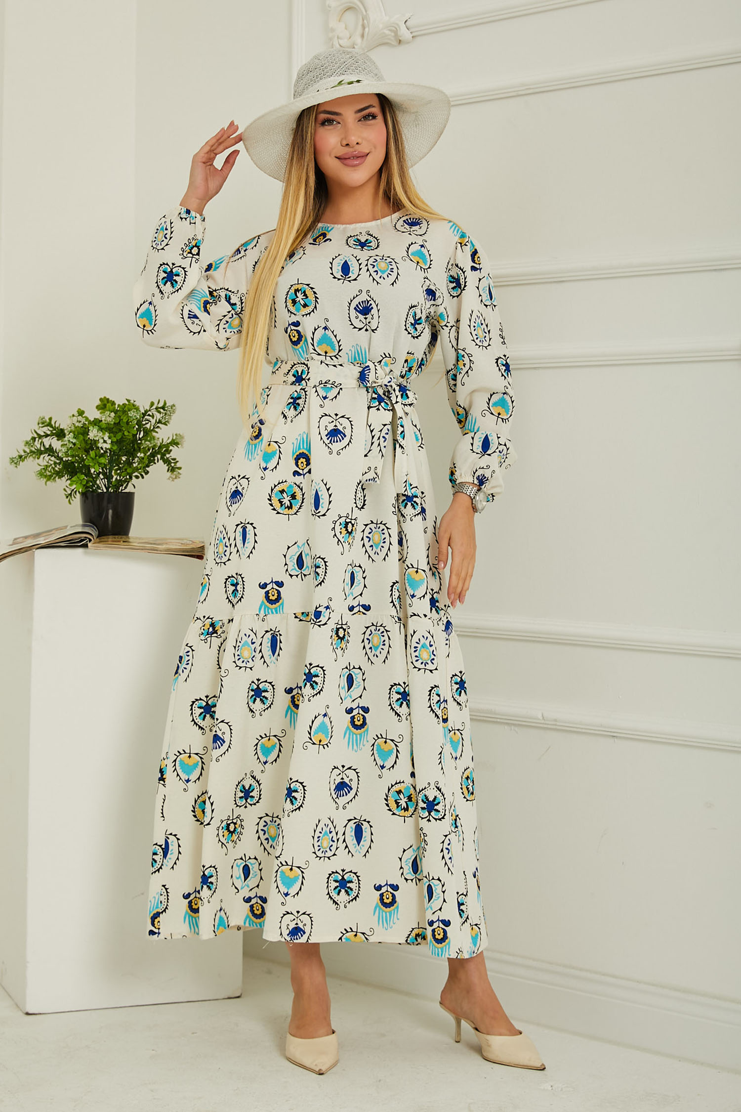 Desenli Kolu Büzgülü Elbise D1 Bej - 26619 - 3