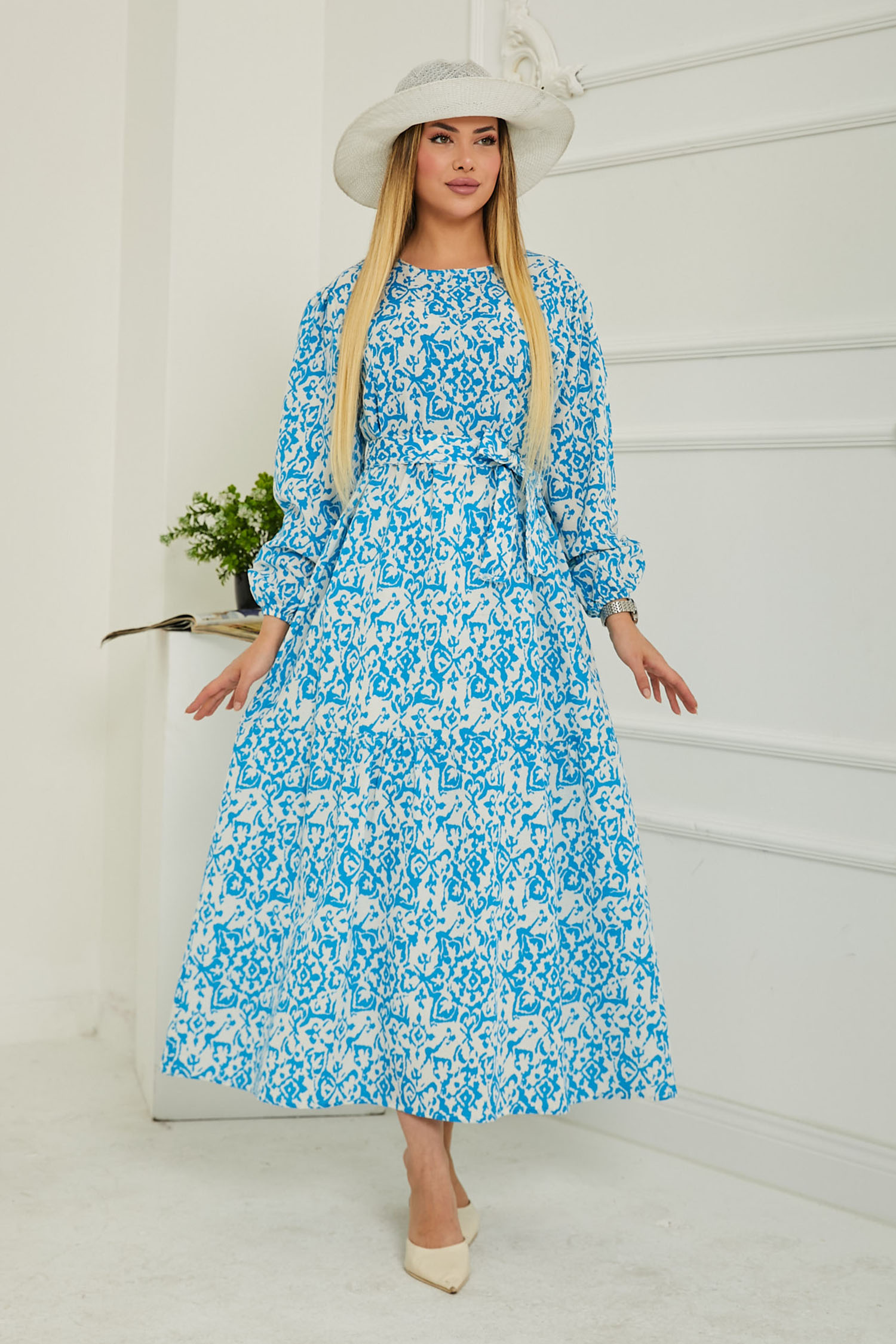Desenli Kolu Büzgülü Elbise D1 Mavi - 26619 - 1