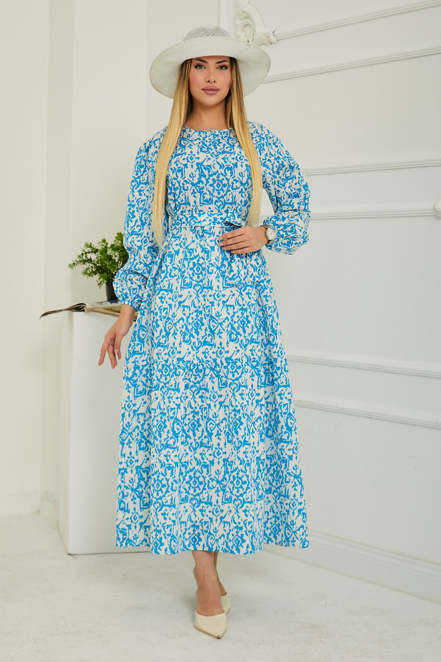 Desenli Kolu Büzgülü Elbise D1 Mavi - 26619 - 2