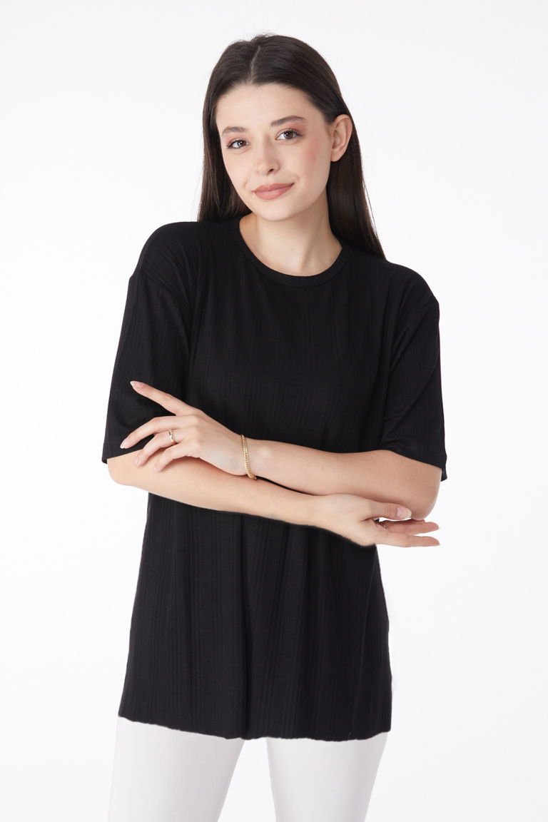 Yırtmaçlı T-Shirt D1 Siyah - 25114 - TOFİSA