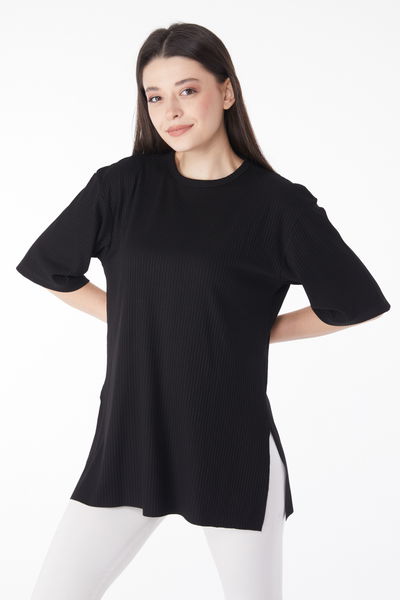 Yırtmaçlı T-Shirt D2 Siyah - 25114 