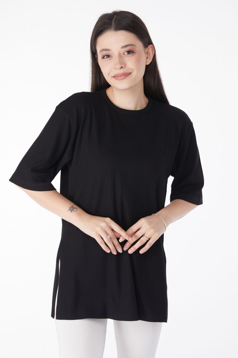 Yırtmaçlı T-Shirt D2 Siyah - 25114 - TOFİSA