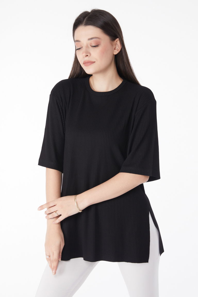 Yırtmaçlı T-Shirt D2 Siyah - 25114 - TOFİSA