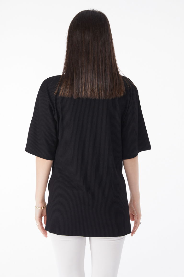 Yırtmaçlı T-Shirt D2 Siyah - 25114 - TOFİSA