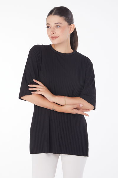 Yırtmaçlı T-Shirt D3 Siyah - 25114 