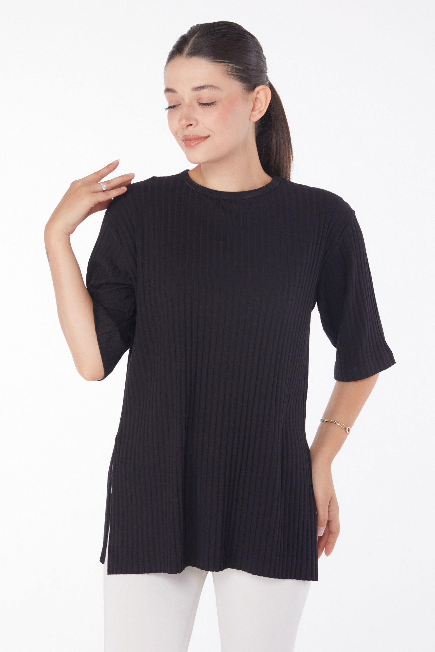 Yırtmaçlı T-Shirt D3 Siyah - 25114 - 2