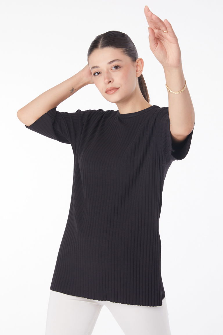 Yırtmaçlı T-Shirt D3 Siyah - 25114 - TOFİSA