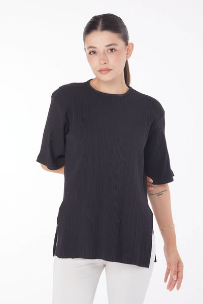 Yırtmaçlı T-Shirt D6 Siyah - 25114 