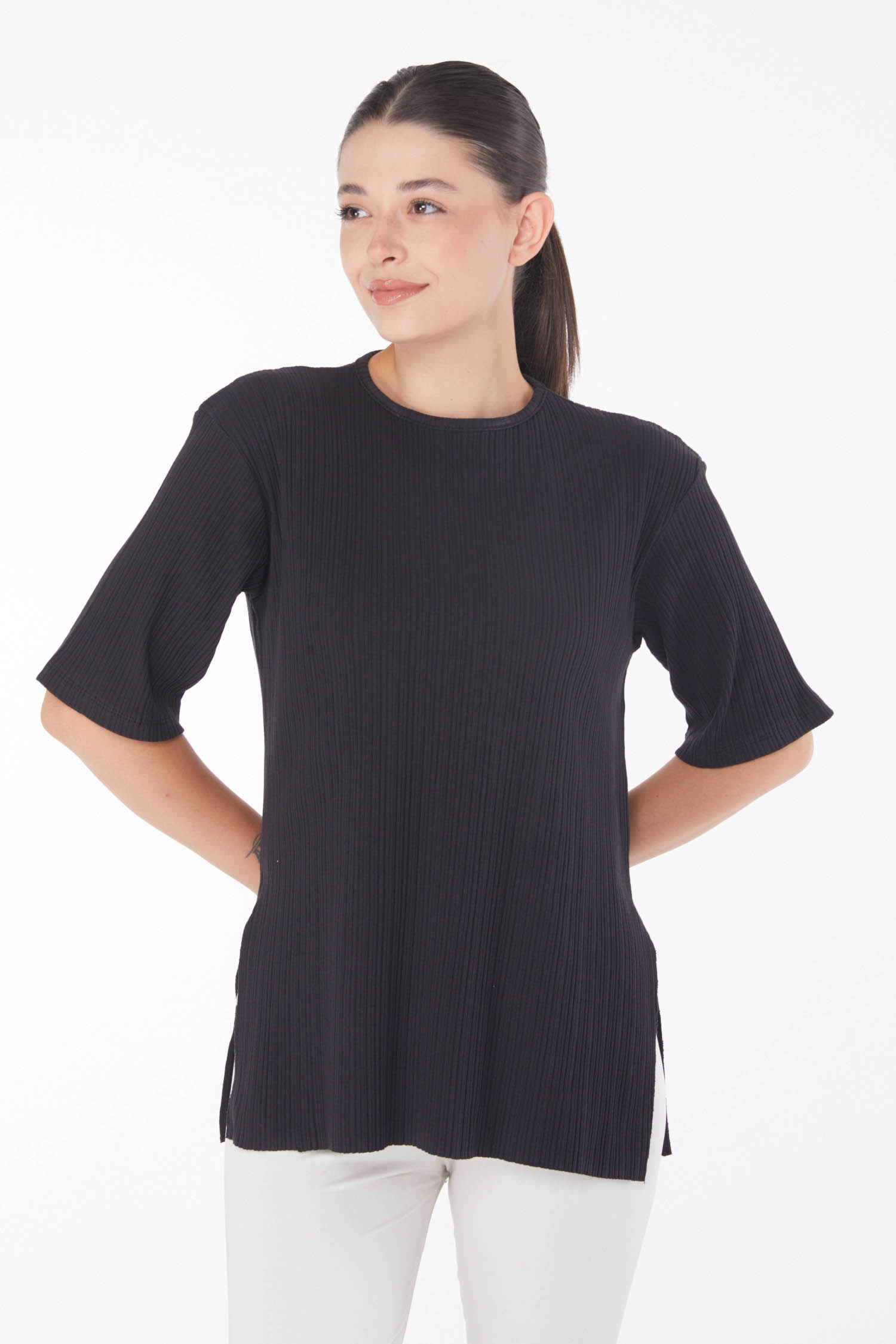 Yırtmaçlı T-Shirt D6 Siyah - 25114 - 2